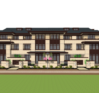 新中式连排别墅草图大师模型，连排别墅sketchup模型免费下载