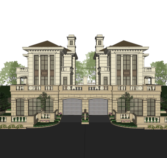 法式连排别墅su模型分享下载，sketchup别墅外观草图大师模型