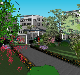 研究中心庭院景观su模型，庭院sketchup模型
