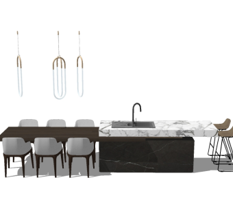 现代餐桌组合sketchup模型，餐桌su模型下载
