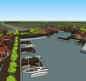 现代码头景观su模型方案，古建民宿草图大师模型分享