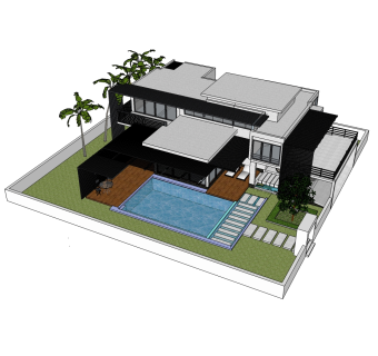 欧式泳池别墅草图大师模型，别墅SU模型下载