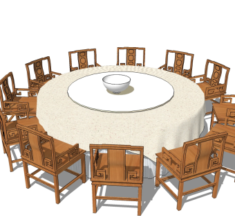 新中式宴会餐桌椅免费su模型下载、新中式宴会餐桌椅草图大师模型下载
