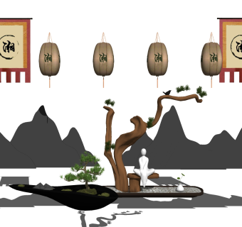 中式禅意枯山水园艺小品草图大师模型，禅意枯山水园艺小品sketchup模型下载