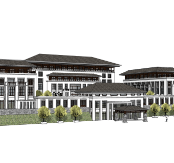 中式别墅建筑草图大师模型，古建民俗sketchup模型免费下载