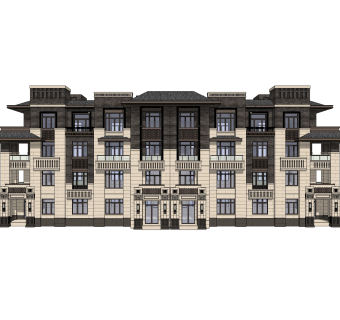 中式联排别墅su模型，别墅草图大师模型下载