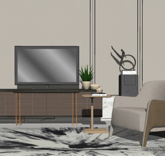 现代电视柜单椅组合su模型，电视柜草图大师模型下载