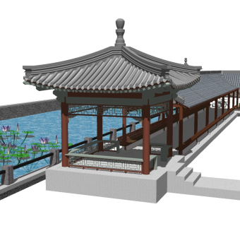 中式长廊架草图大师模型，长廊架sketchup模型下载