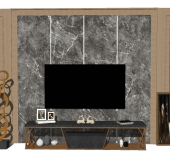 现代电视柜背景墙组合su模型，电视柜草图大师模型下载