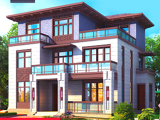 新中式风格别墅设计图纸，三层乡村二层半洋房自建房下载