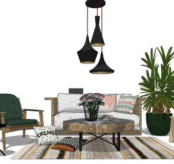 混搭客厅su模型，客厅沙发桌椅茶几灯具组合草图大师模型下载