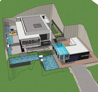 独栋泳池别墅草图大师模型，别墅SU模型下载