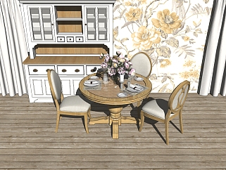 美式实木圆形餐桌椅组合su模型，餐桌sketchup模型下载