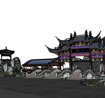 中式牌坊大门sketchup模型，牌坊skp文件下载