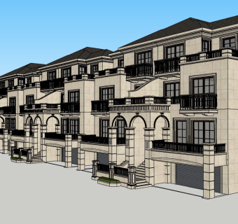 欧式连排别墅su模型免费下载，sketchup别墅草图大师模型