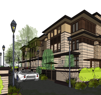 新中式连排别墅su模型下载，别墅草图大师模型分享