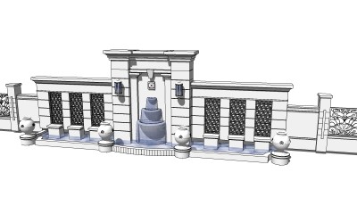 中式景观墙sketchup模型下载，景观墙草图大师模型