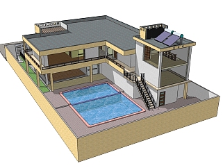独栋欧式泳池别墅草图大师模型，别墅SU模型下载