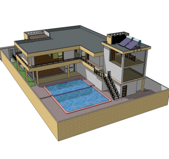 独栋欧式泳池别墅草图大师模型，别墅SU模型下载