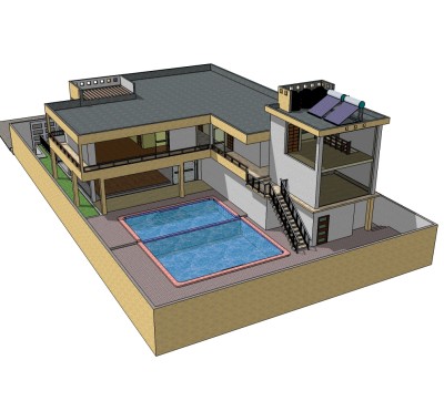 独栋欧式泳池别墅草图大师模型，别墅SU模型下载
