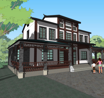 中式别墅su模型下载、中式别墅草图大师模型下载