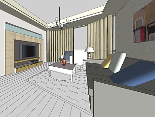  新中式客厅sketchup模型下载，客厅草图大师模型下载