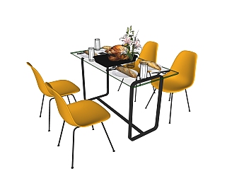 现代餐桌椅su模型，<em>客厅</em>桌子长桌子草图大师模型下载