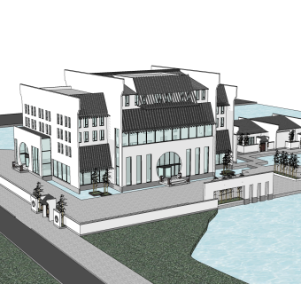 新中式徽派建筑草图大师模型，古建民俗sketchup模型免费下载