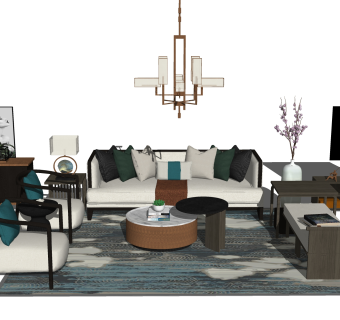 新中式沙发组合su模型，新中式沙发茶几组合skp模型下载