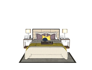 现代双人床组合su模型，双人床sketchup模型下载