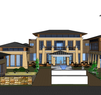 中式别墅su模型下载、中式别墅草图大师模型下载