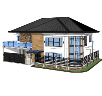 现代极简风格别墅草图大师模型，别墅SU模型下载