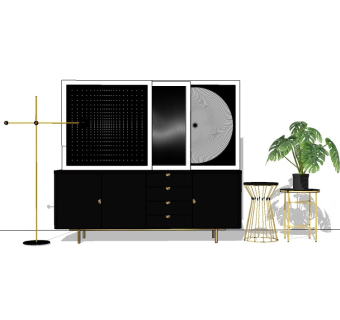 现代简约实木电视柜摆件组合草图大师模型，电视柜su模型下载
