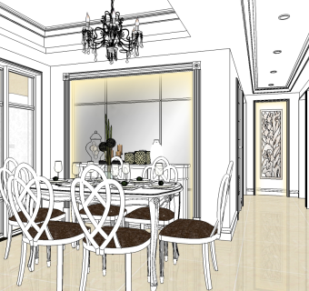 现代欧式家装客餐厅SU模型，家装客餐厅sketchup模型下载