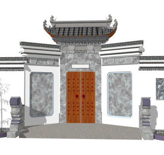 中式庭院入户门草图大师模型，sketchup模型免费下载