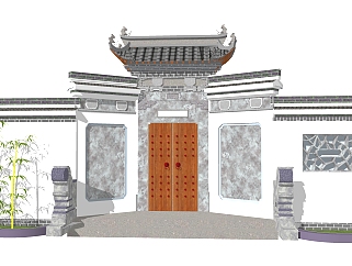中式庭院入户门草图大师模型，sketchup模型免费下载