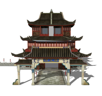 中式城墙草图大师模型，城墙SKB文件下载