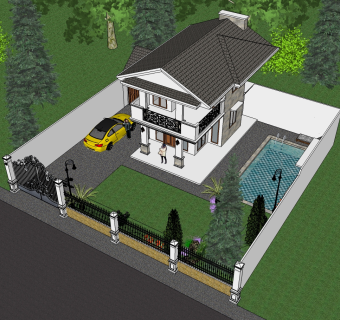 现代泳池别墅草图大师模型，别墅SU模型下载