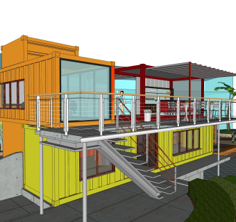 现代集装箱改造房sketchup模型，集装箱房屋草图大师模型下载
