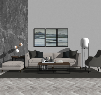 现代布艺沙发组合su模型，沙发沙发茶几组合skp模型下载