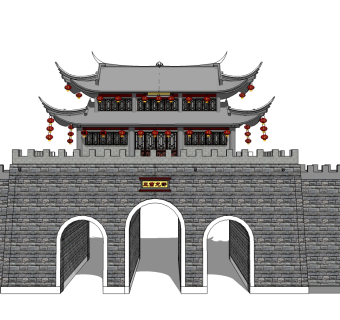 中式三庙龙都城门草图大师模型下载、三庙龙都城市su模型下载