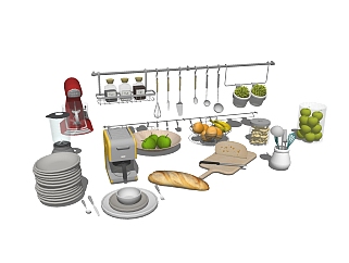 现代厨房电器盘碗菜板<em>储物</em>罐草图大师模型，厨房电器...
