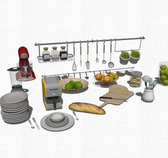 现代厨房电器盘碗菜板储物罐草图大师模型，厨房电器盘碗菜板储物罐sketchup模型下载