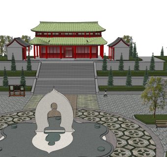 中式寺院草图大师模型，寺院su模型下载