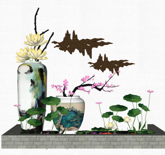 中式砖艺荷花池配花艺瓶罐组合草图大师模型，砖艺荷花池配花艺瓶罐组合sketchup模型下载