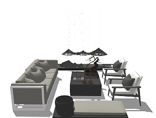 新中式沙发组合su模型 ，沙发茶几组合skp模型下载
