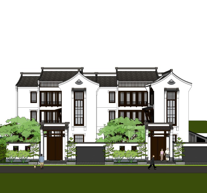 新中式连排别墅su模型下载，别墅草图大师模型分享