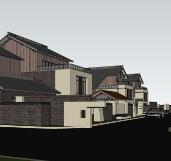 连排中式别墅草图大师模型，别墅sketchup模型