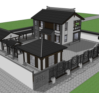 中式别墅四合院su模型下载、中式别墅四合院草图大师模型下载