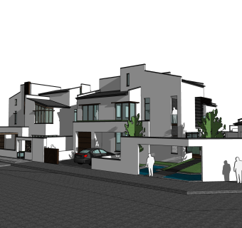 新中式连排别墅su模型下载，sketchup别墅草图大师模型